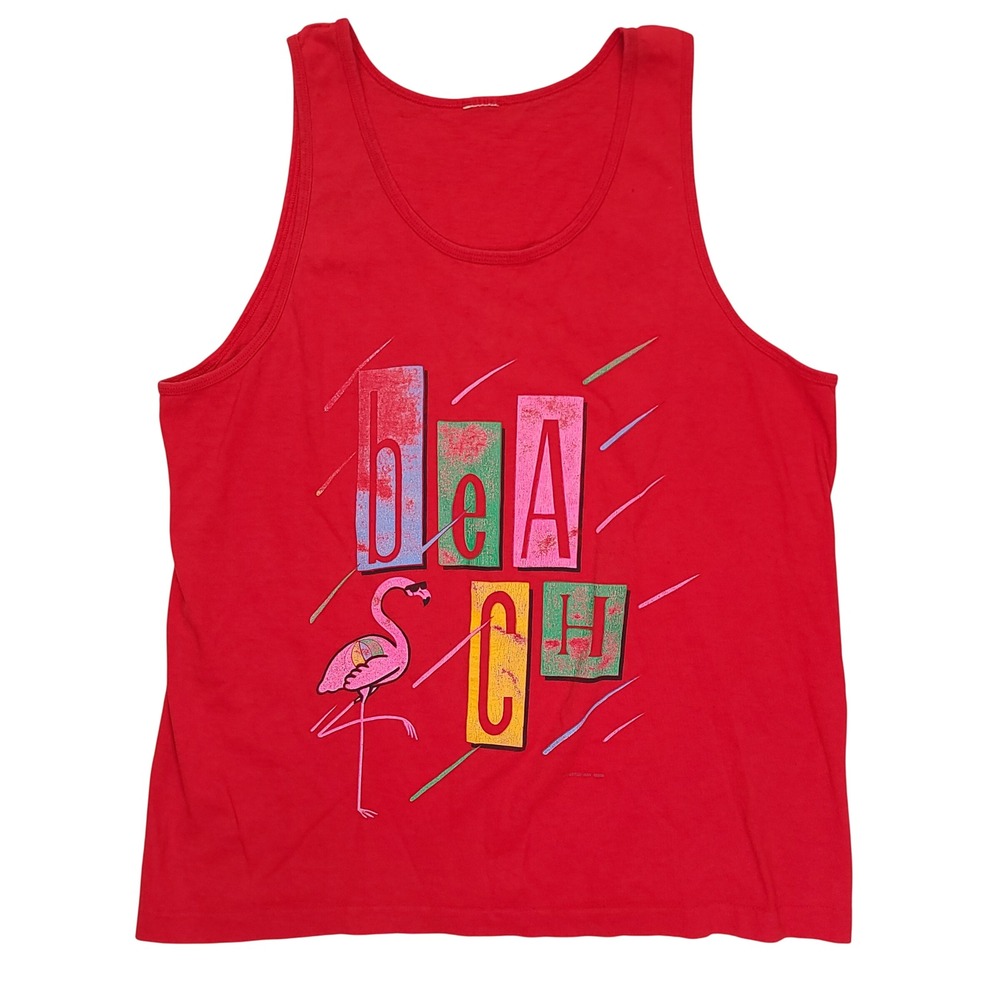 Vintage 1989 Turtle Bay Red Flamingo Beach Tank Top Mens XL 80s Retro Surf Tee